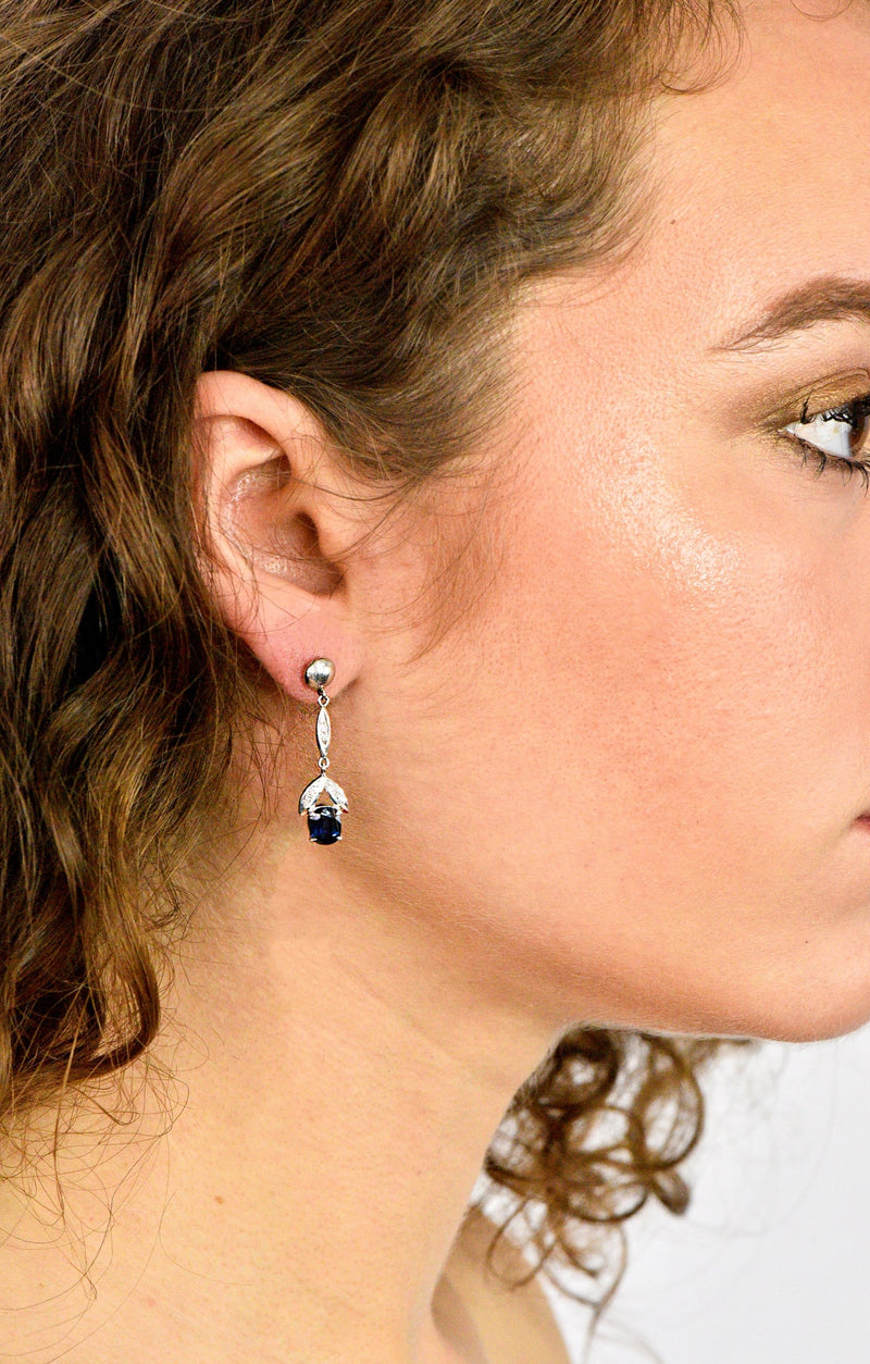 Retro 1.80 CTW No Heat Sapphire Diamond 14 Karat White Gold Drop Earrings GIA Wilson's Estate Jewelry
