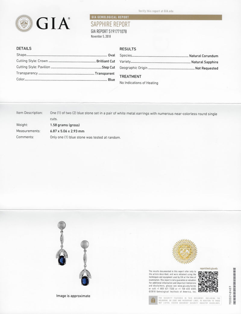 Retro 1.80 CTW No Heat Sapphire Diamond 14 Karat White Gold Drop Earrings GIA Wilson's Estate Jewelry