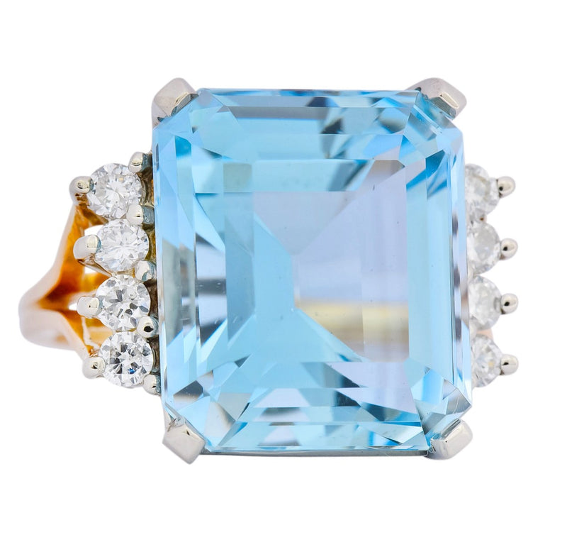 Retro 16.78 CTW Aquamarine Diamond 18 Karat Two-Tone Gold Cocktail Ring - Wilson's Estate Jewelry