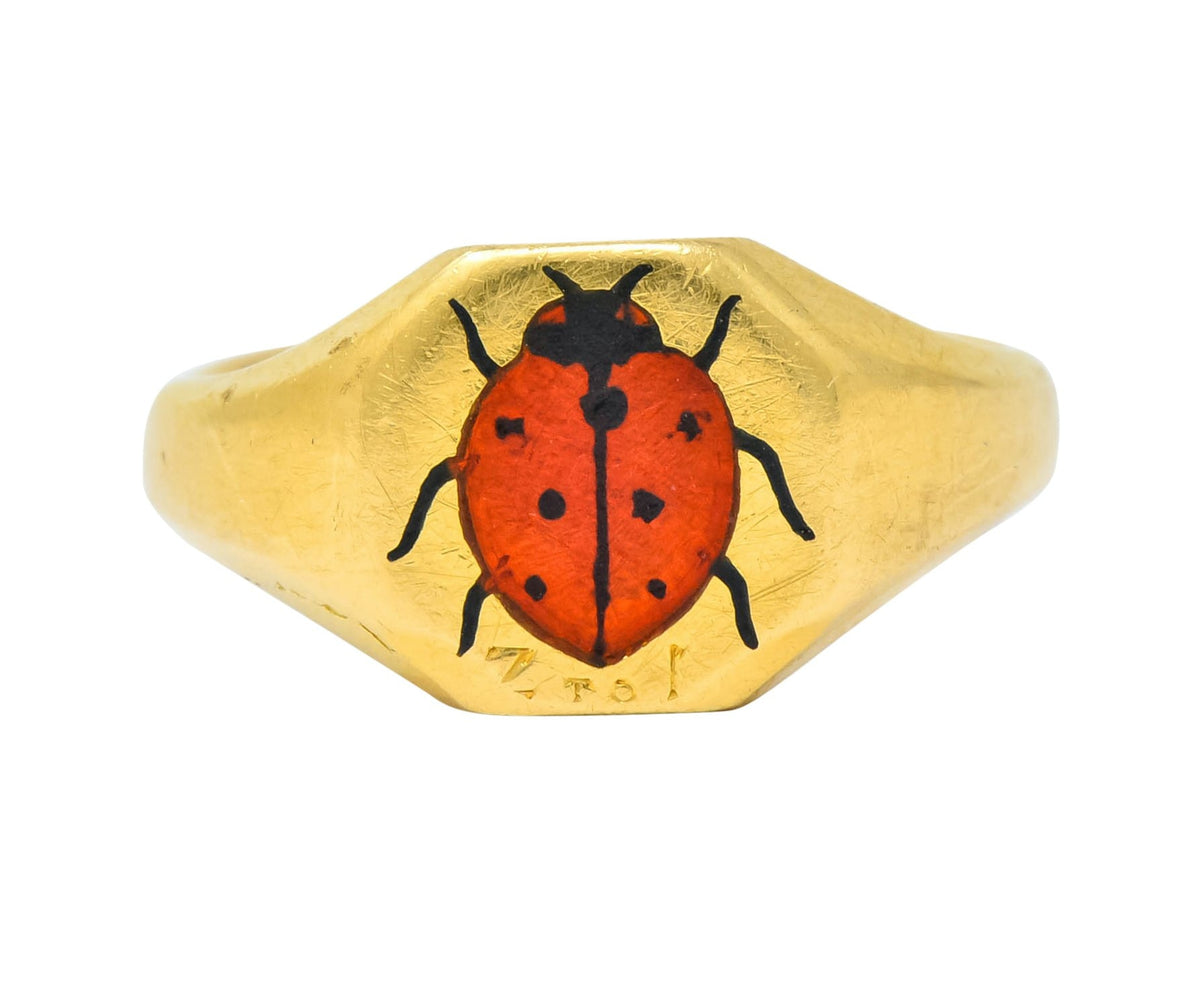 Signet Insect Retro 1938 Enamel 18 Karat Gold Ladybug Signet Pinky Ring