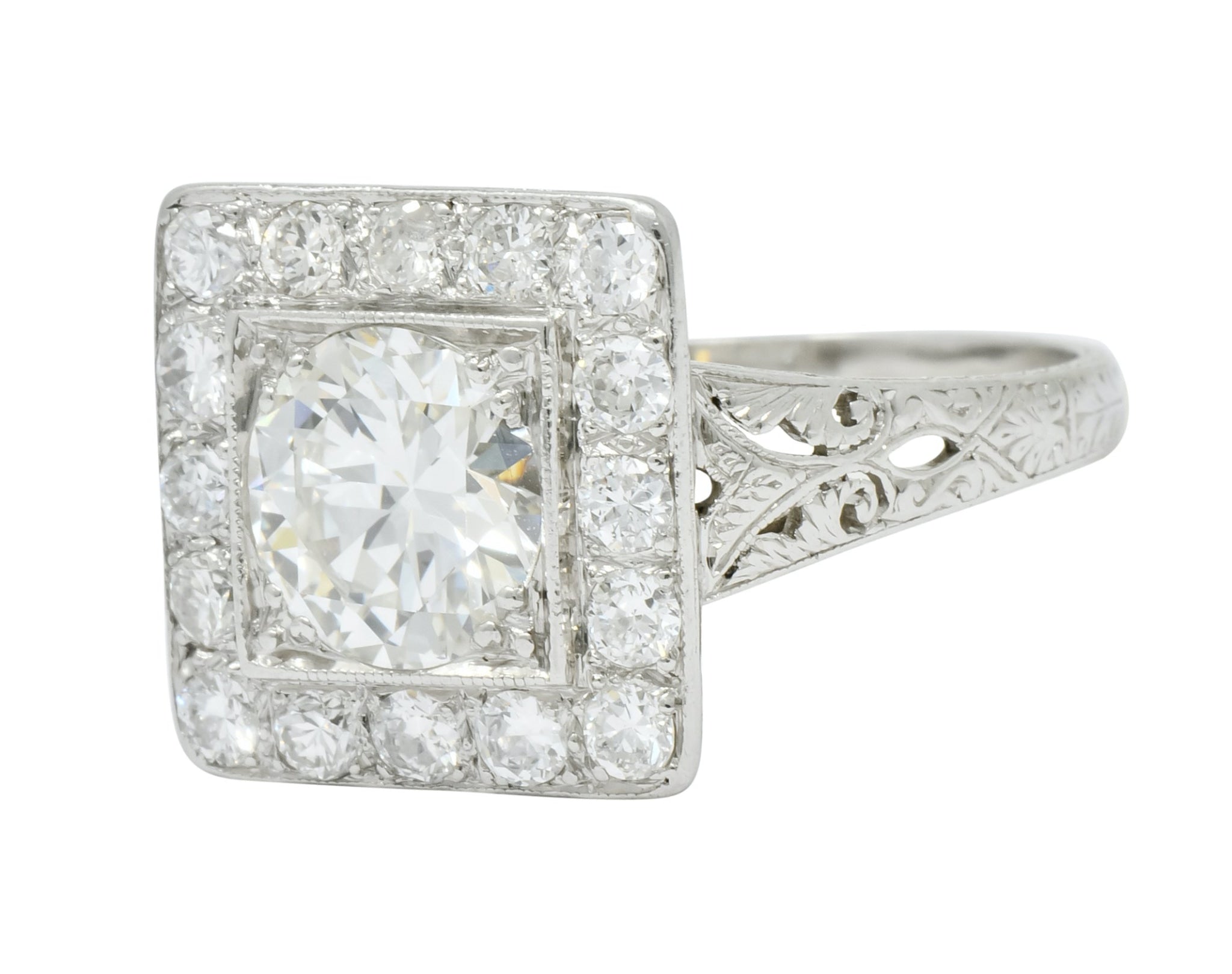 Retro 2.14 CTW Diamond Platinum Square Halo Engagement Ring Circa 1940 - Wilson's Estate Jewelry