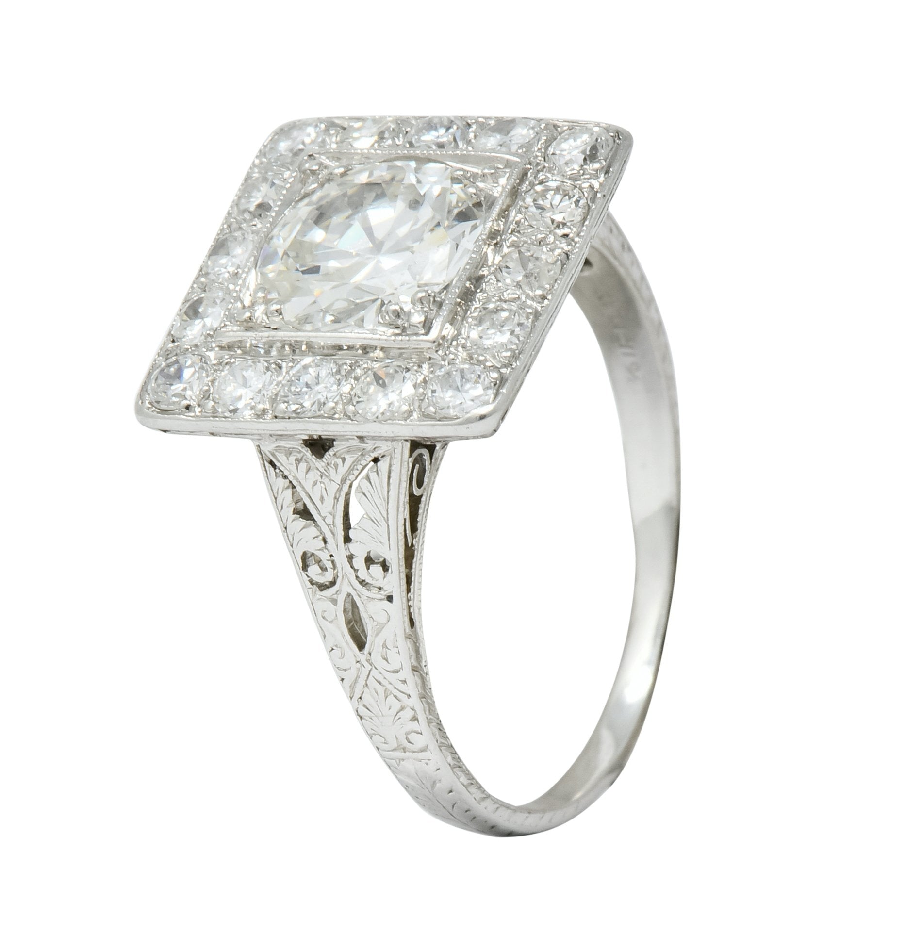 Retro 2.14 CTW Diamond Platinum Square Halo Engagement Ring Circa 1940 - Wilson's Estate Jewelry