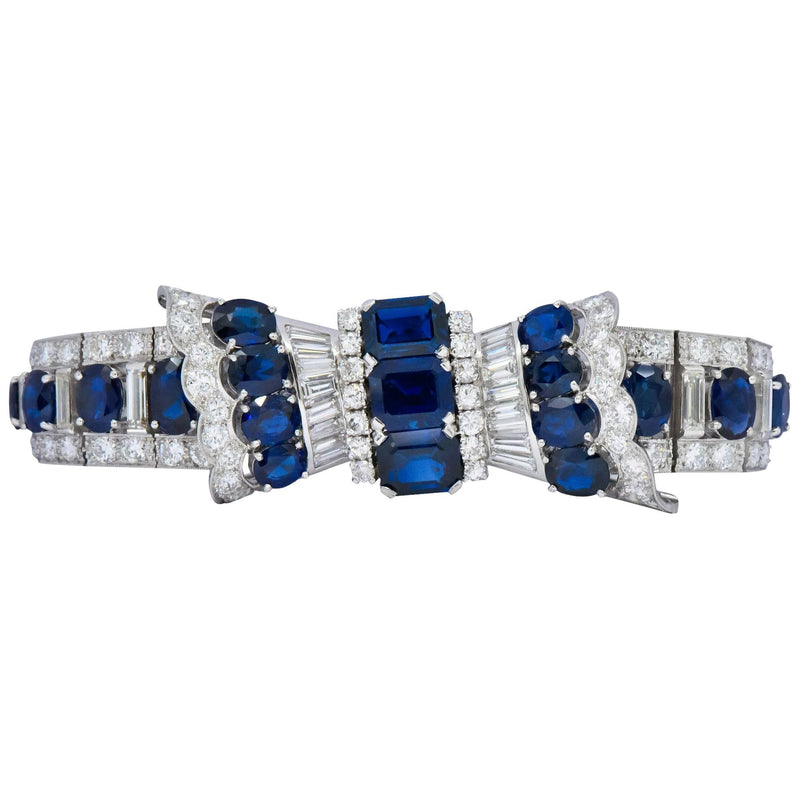 1950's Mid-Century 27.50 CTW Sapphire Diamond Platinum Bow Link Bracelet Wilson's Estate Jewelry