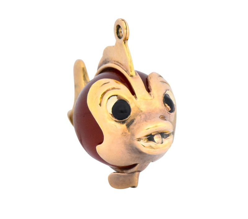 Retro Carnelian Enamel 14 Karat Gold Fish Charm - Wilson's Estate Jewelry