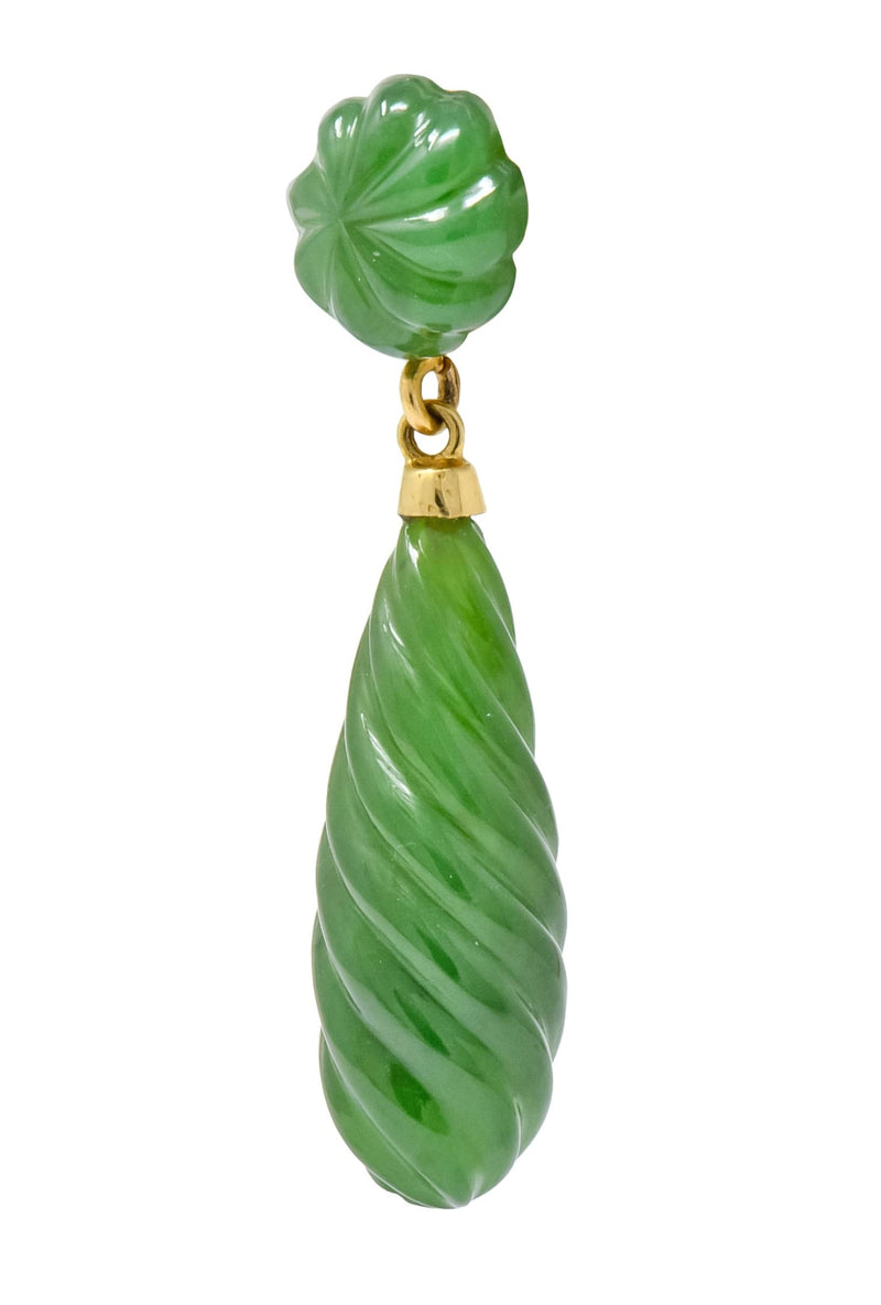 Retro Carved Jade 14 Karat Gold Swirl Drop Earrings - Wilson's Estate Jewelry