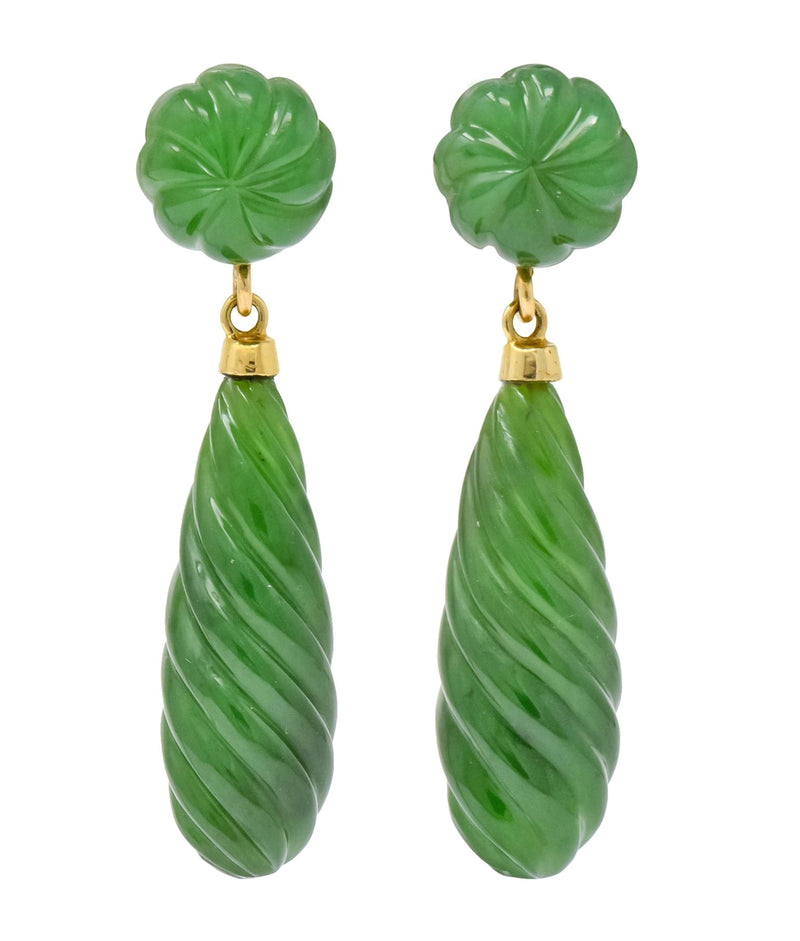 Retro Carved Jade 14 Karat Gold Swirl Drop Earrings - Wilson's Estate Jewelry