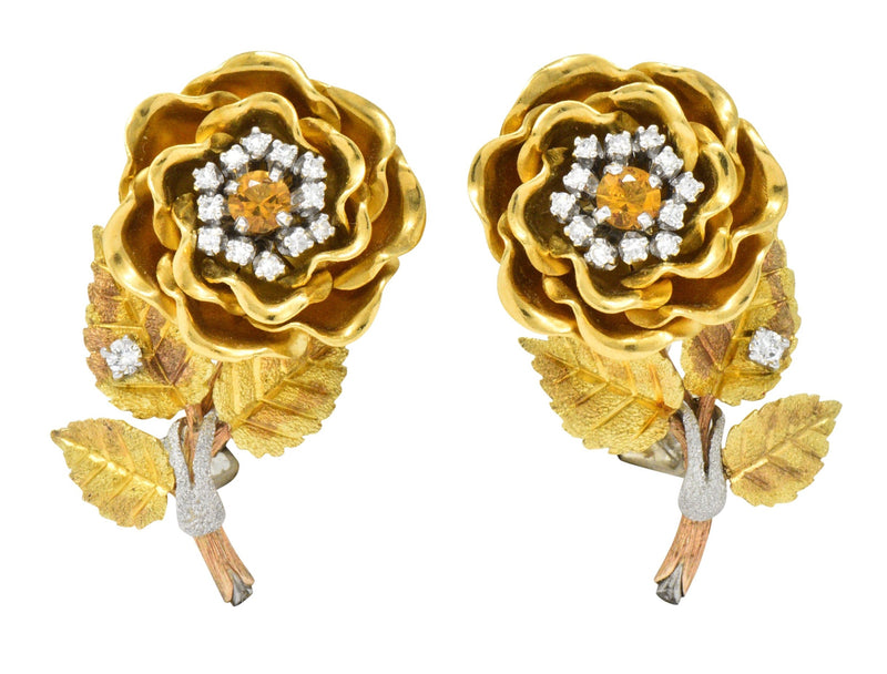 Retro Citrine Diamond Platinum 14 Karat Tri-Colored Gold Flower Ear-Clip Earrings Circa 1940 - Wilson's Estate Jewelry