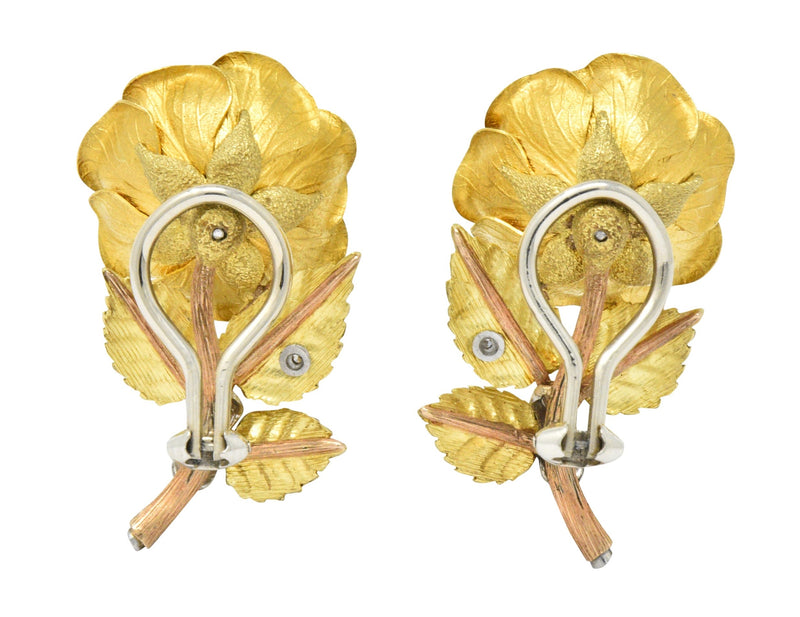 Retro Citrine Diamond Platinum 14 Karat Tri-Colored Gold Flower Ear-Clip Earrings Circa 1940 - Wilson's Estate Jewelry