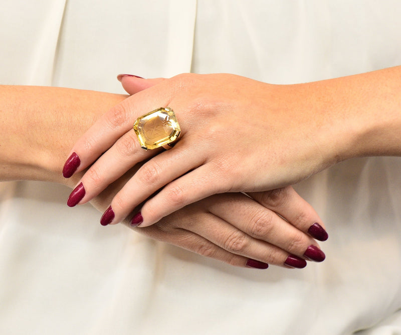 Retro Citrine Intaglio 14 Karat Gold Statement Ring - Wilson's Estate Jewelry