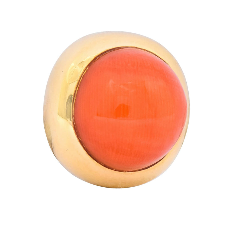 Retro Coral Cabochon 14 Karat Yellow Gold Circular Earrings - Wilson's Estate Jewelry