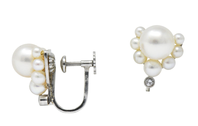 Retro Diamond Cultured Pearl Platinum Earrings Wilson's Estate Jewelry