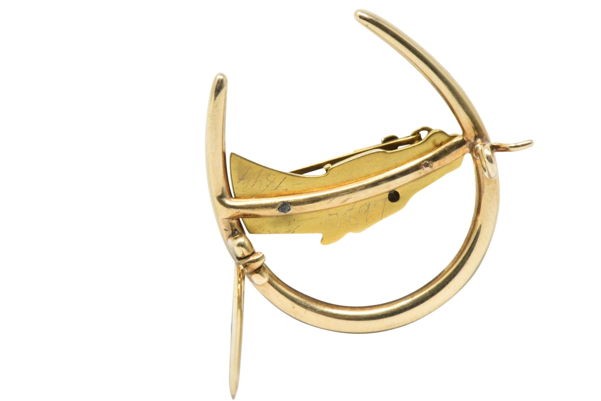 Retro Seed Pearl, Diamond & 14K Gold Horseshoe Horse Brooch Wilson's Estate Jewelry