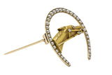 Retro Seed Pearl, Diamond & 14K Gold Horseshoe Horse Brooch Wilson's Estate Jewelry