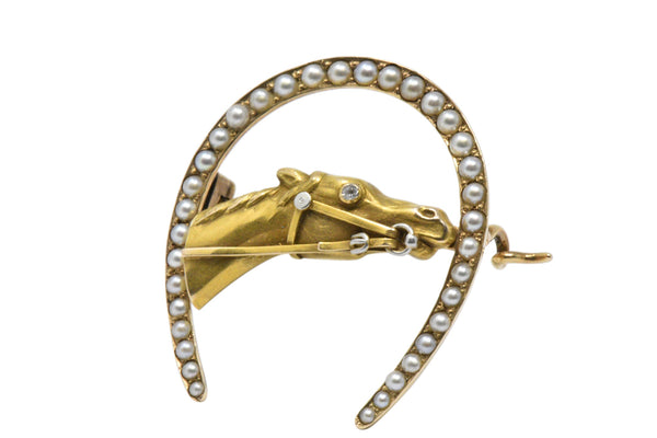 Retro Seed Pearl, Diamond & 14K Gold Horseshoe Horse Brooch Wilson's Estate Jewelry