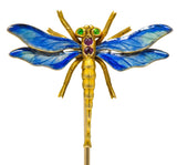 Riker Bros. Art Nouveau Ruby Demantoid Garnet Enamel 14 Karat Gold Dragonfly Stickpin - Wilson's Estate Jewelry