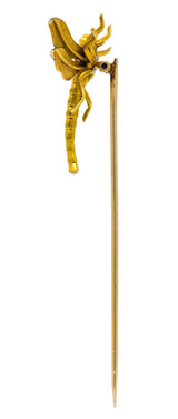 Riker Bros. Art Nouveau Ruby Demantoid Garnet Enamel 14 Karat Gold Dragonfly Stickpin - Wilson's Estate Jewelry