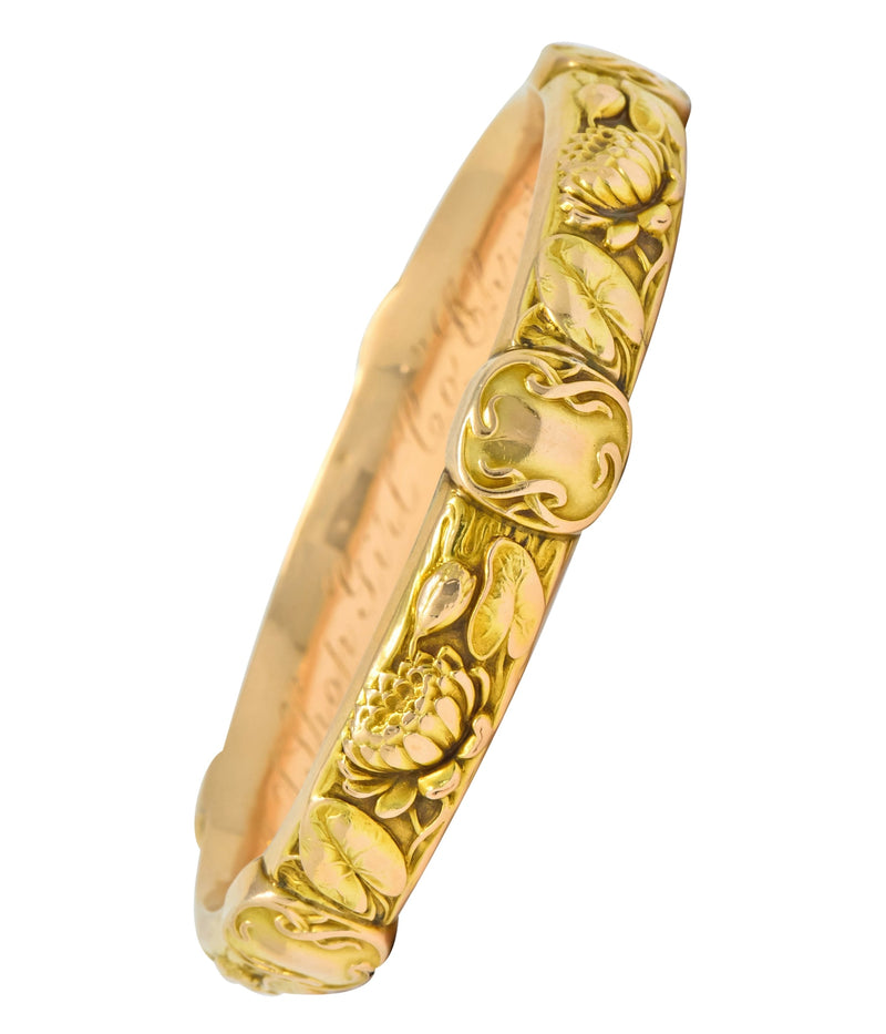 Riker Brothers Art Nouveau 14 Karat Gold Lotus Lily Pad Bangle Bracelet - Wilson's Estate Jewelry