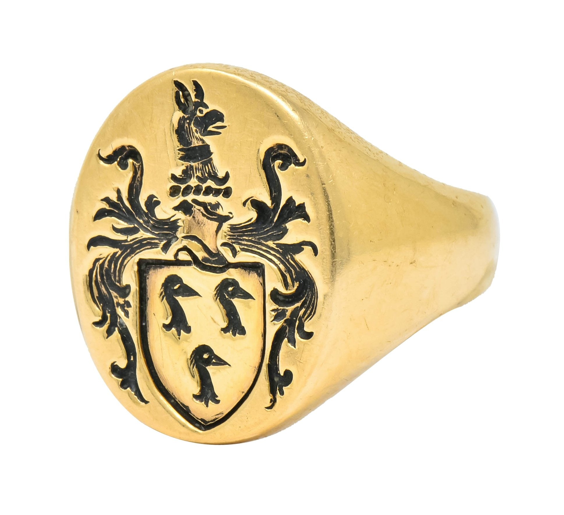 Robust Victorian 14 Karat Gold Crane Heraldry Unisex Signet Ring - Wilson's Estate Jewelry