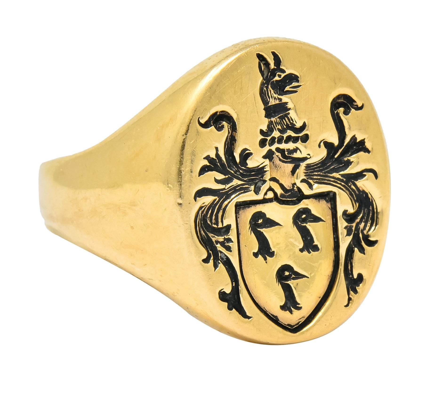 Robust Victorian 14 Karat Gold Crane Heraldry Unisex Signet Ring - Wilson's Estate Jewelry