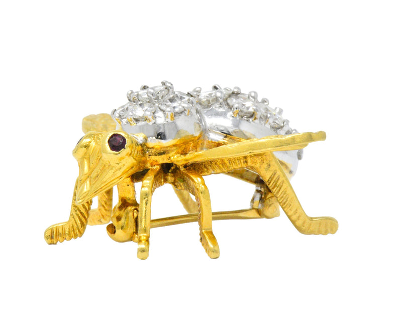 Rosenthal Vintage 2.00 CTW Diamond Ruby Platinum 18 Karat Gold Bee Bug Brooch Wilson's Estate Jewelry