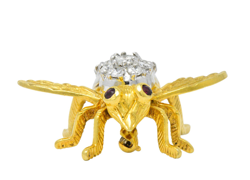 Rosenthal Vintage 2.00 CTW Diamond Ruby Platinum 18 Karat Gold Bee Bug Brooch Wilson's Estate Jewelry