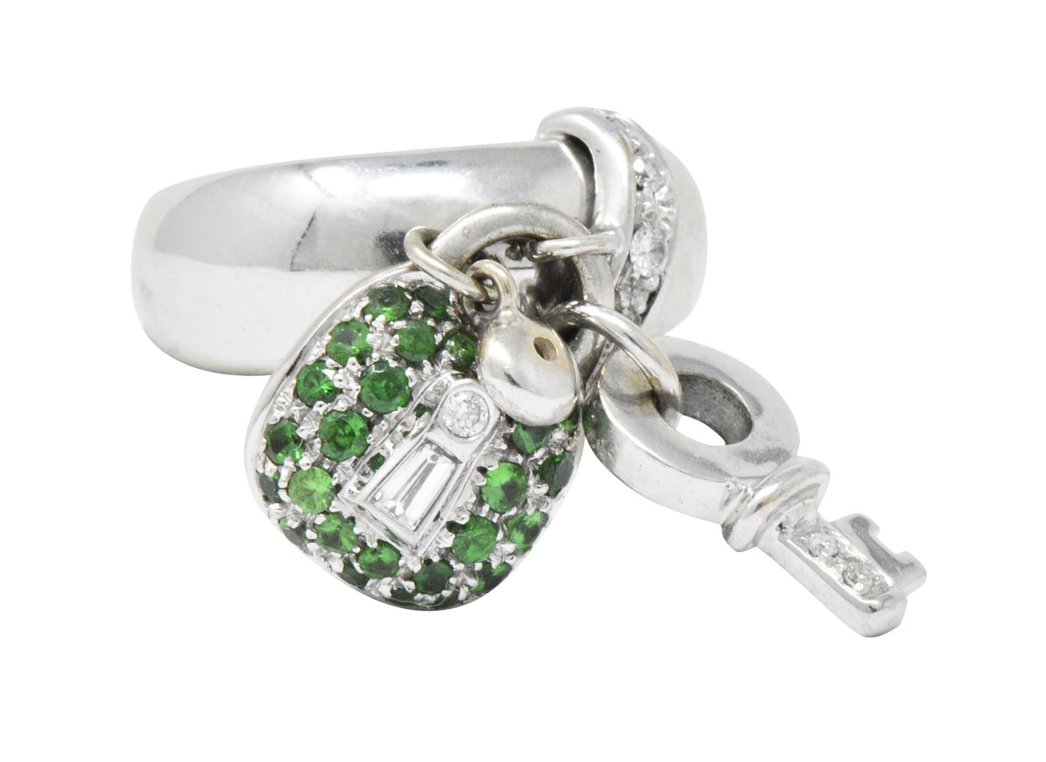 Salavetti 0.75 CTW Diamond Brown Diamond Tsavorite 18 Karat White Gold Lock Ring Wilson's Estate Jewelry