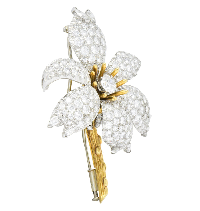 Schlumberger Tiffany & Co. 10.90 CTW Diamond Platinum 18 Karat Gold Flower Brooch Wilson's Estate Jewelry