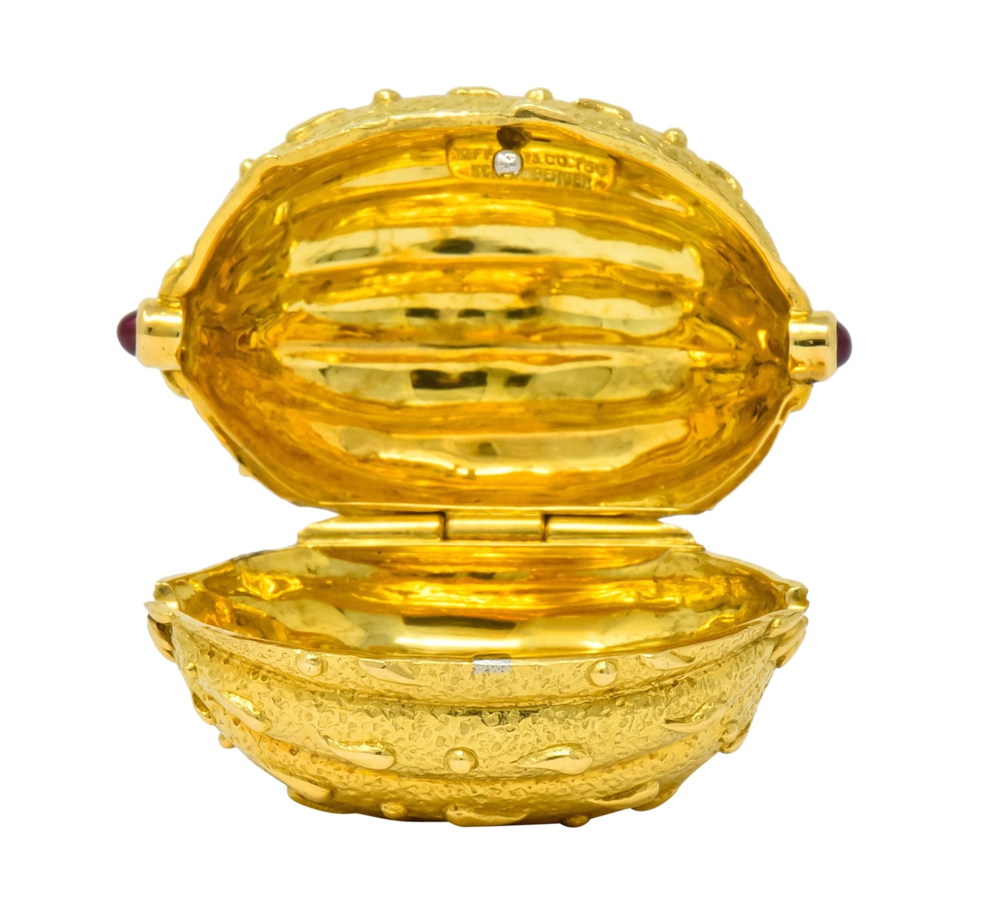 Schlumberger Tiffany & Co. Ruby 18 Karat Gold Walnut Pill Box Circa 1960 - Wilson's Estate Jewelry