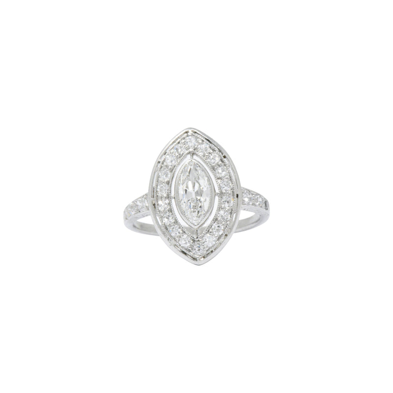 Art Deco 0.95 CTW Diamond Platinum Navette Dinner Ring Wilson's Estate Jewelry
