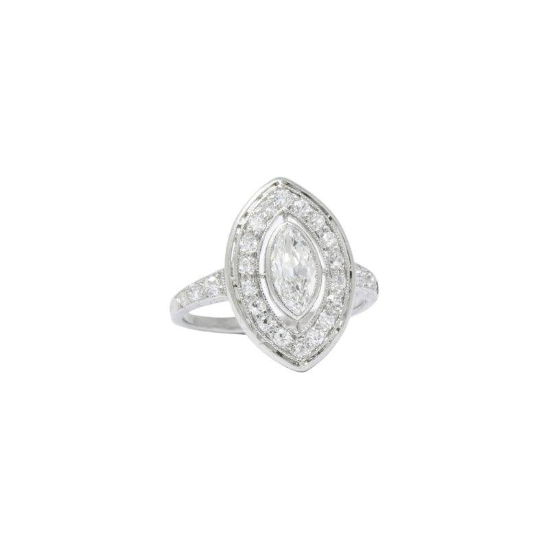Art Deco 0.95 CTW Diamond Platinum Navette Dinner Ring Wilson's Estate Jewelry