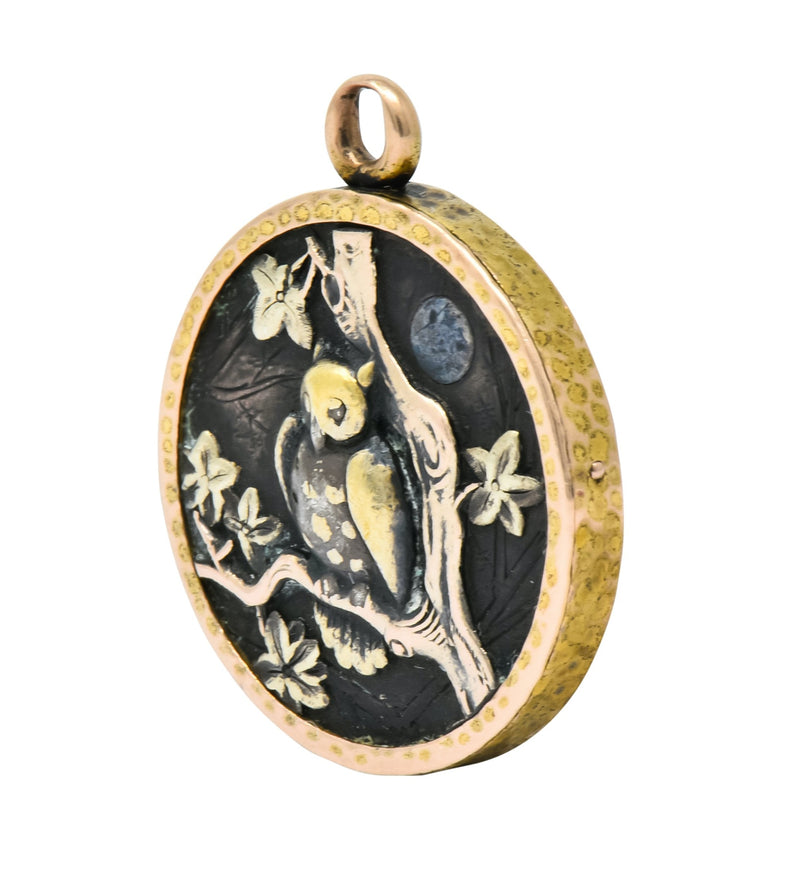 Victorian 14 Karat Gold Mixed Metal Shakudo Rooster Owl Pendant Charm - Wilson's Estate Jewelry