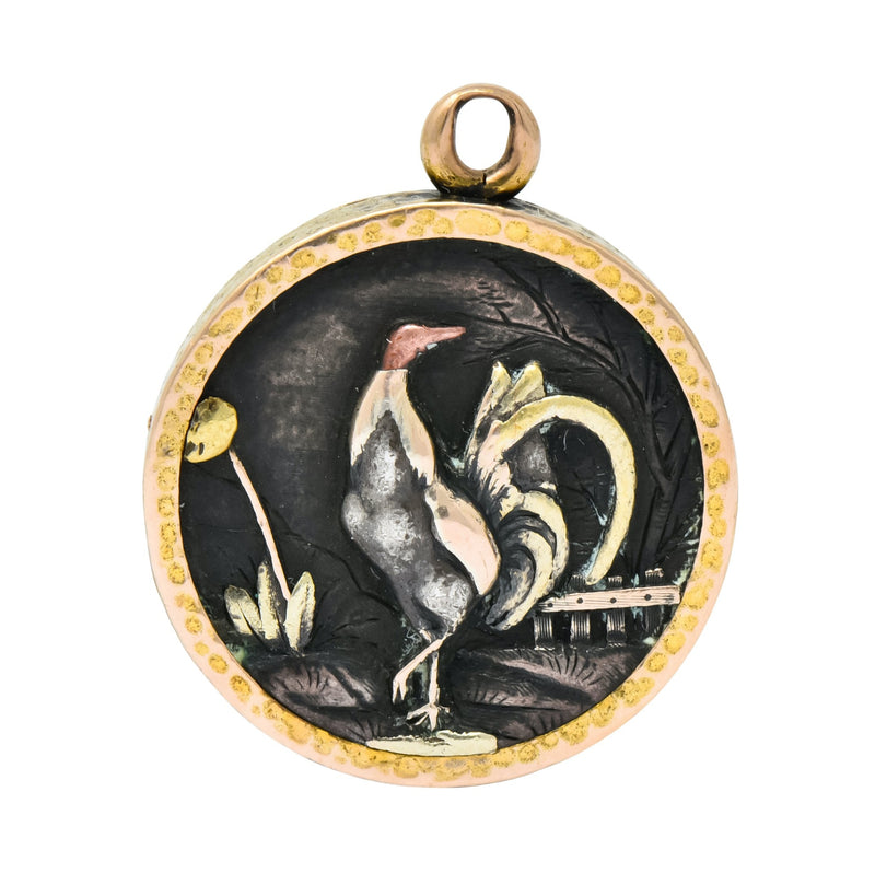 Victorian 14 Karat Gold Mixed Metal Shakudo Rooster Owl Pendant Charm - Wilson's Estate Jewelry