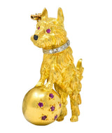 Spitzer & Furman Retro 18 Karat Yellow Gold Diamond Ruby Dog and Ball Brooch - Wilson's Estate Jewelry