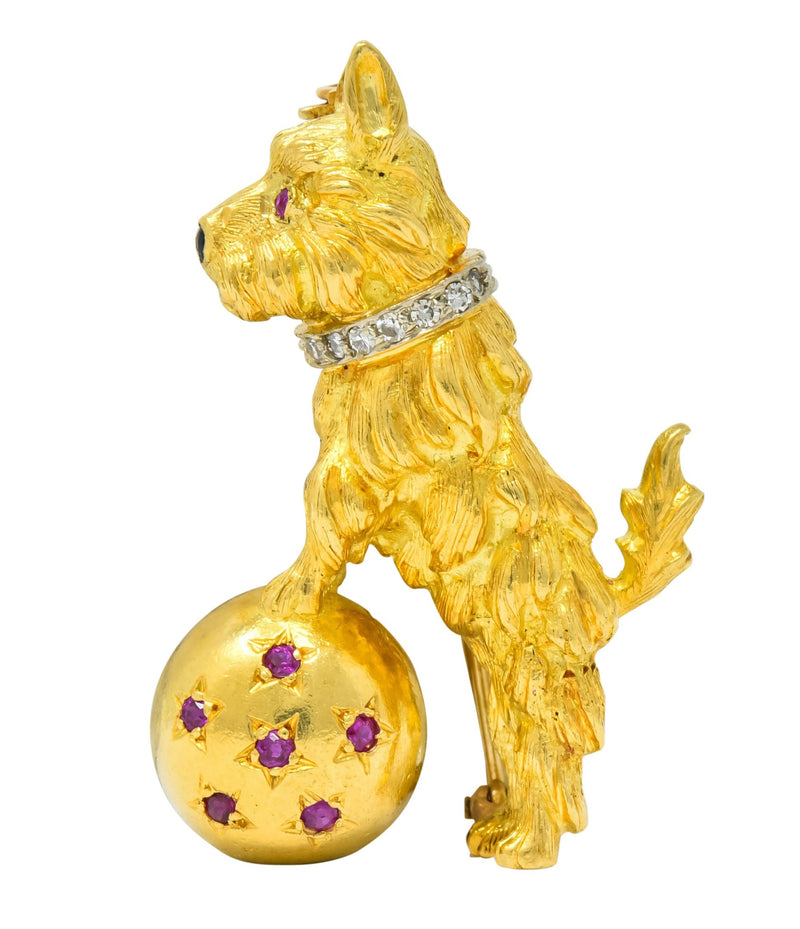 Spitzer & Furman Retro 18 Karat Yellow Gold Diamond Ruby Dog and Ball Brooch - Wilson's Estate Jewelry