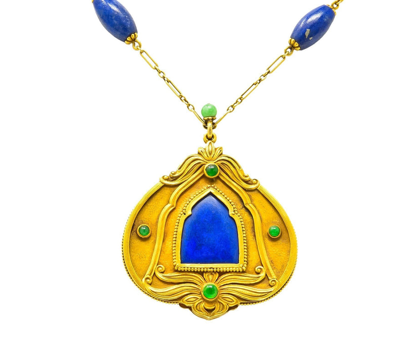 Substantial Arts & Crafts Jade Lapis 14 Karat Gold Medallion Necklace - Wilson's Estate Jewelry