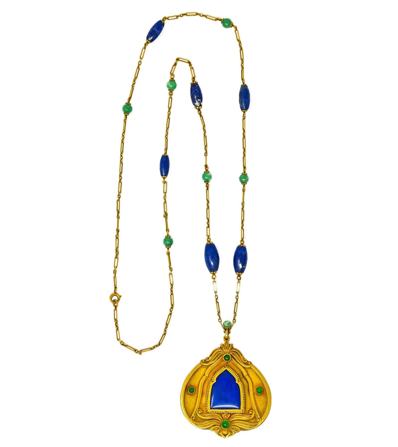Substantial Arts & Crafts Jade Lapis 14 Karat Gold Medallion Necklace - Wilson's Estate Jewelry