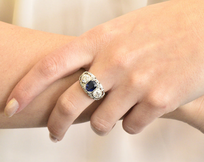 Sumptuous Art Deco 3.70 CTW No Heat Sapphire Diamond Platinum Anniversary Ring AGL Wilson's Estate Jewelry