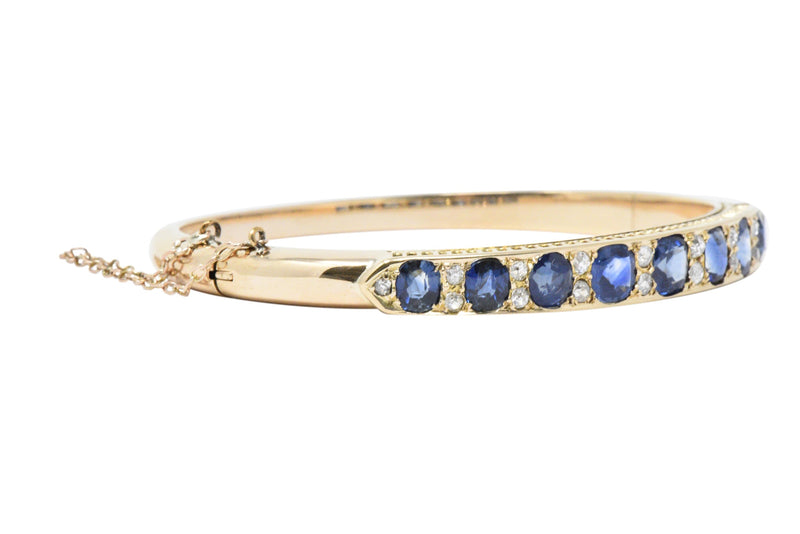 Superb Victorian 4.00 CTW Sapphire Diamond 14 Karat Gold Bangle Bracelet Wilson's Estate Jewelry