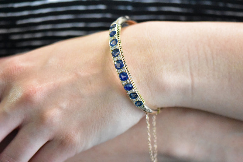 Superb Victorian 4.00 CTW Sapphire Diamond 14 Karat Gold Bangle Bracelet Wilson's Estate Jewelry