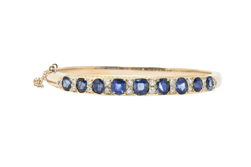 Superb Victorian 4.00 CTW Sapphire Diamond 14 Karat Gold Bangle Bracelet Wilson's Estate Jewelry