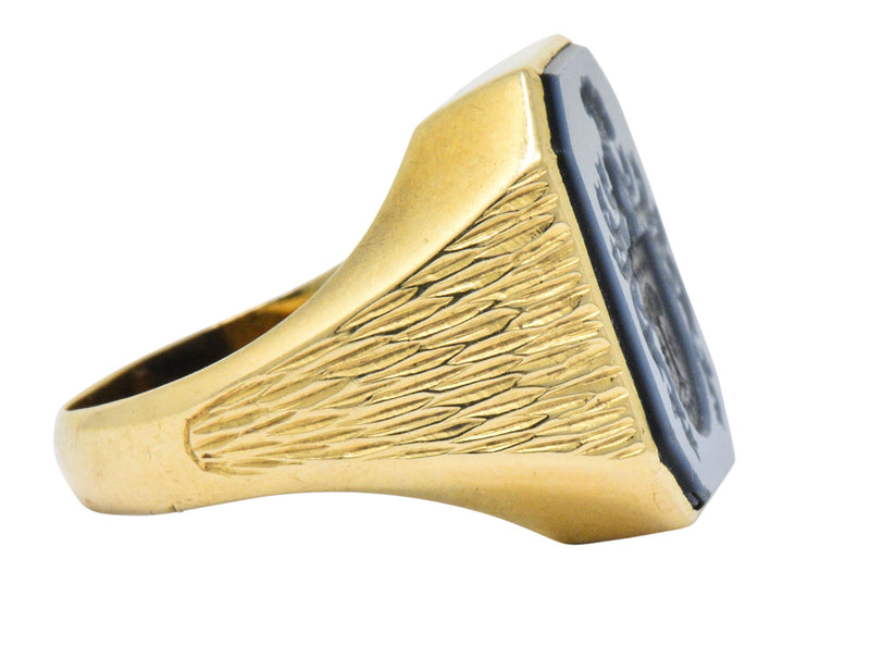 Superb Victorian Hardstone Intaglio 18 Karat Gold Men's Signet Ring Wilson's Estate Jewelry