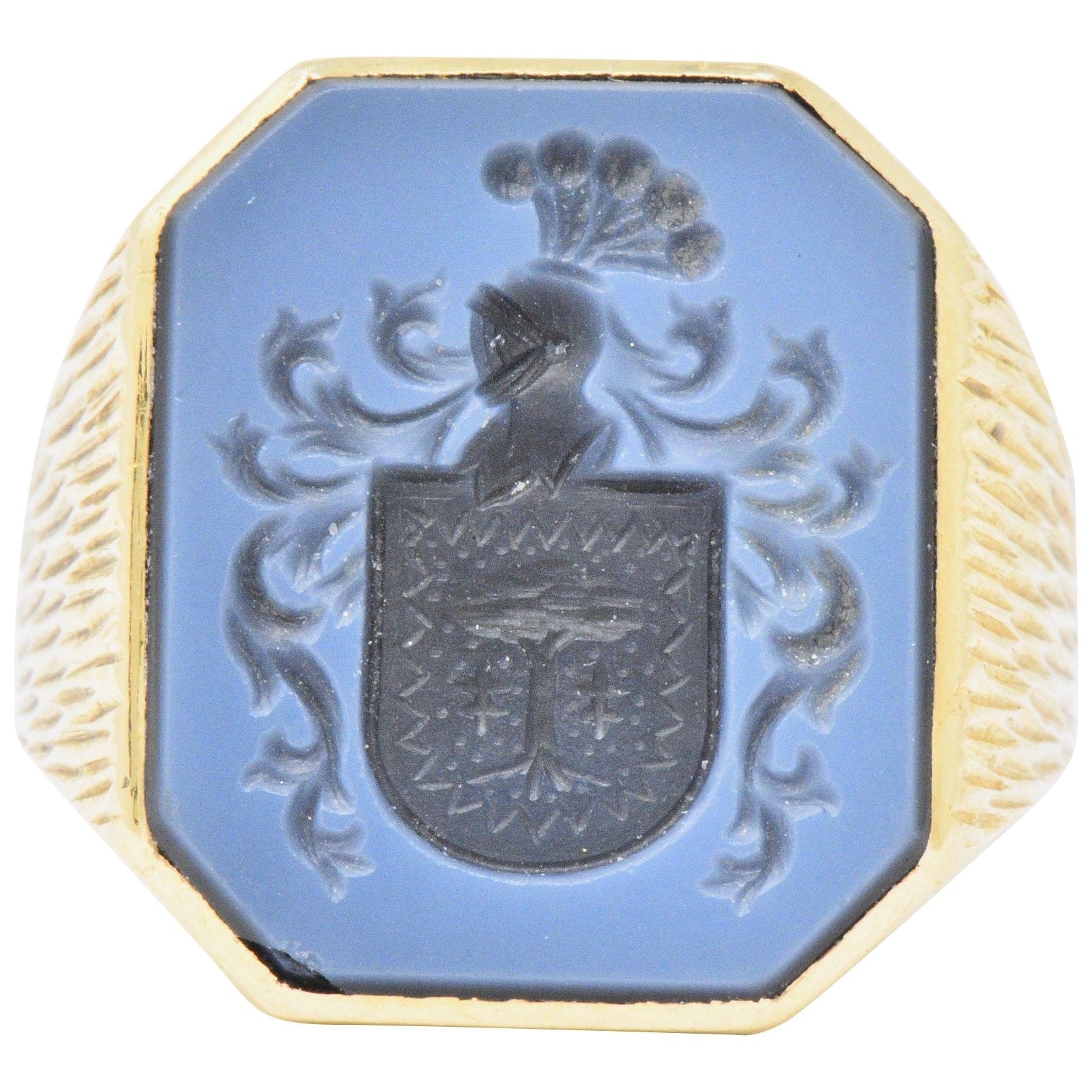 Superb Victorian Hardstone Intaglio 18 Karat Gold Men's Signet Ring Wilson's Estate Jewelry