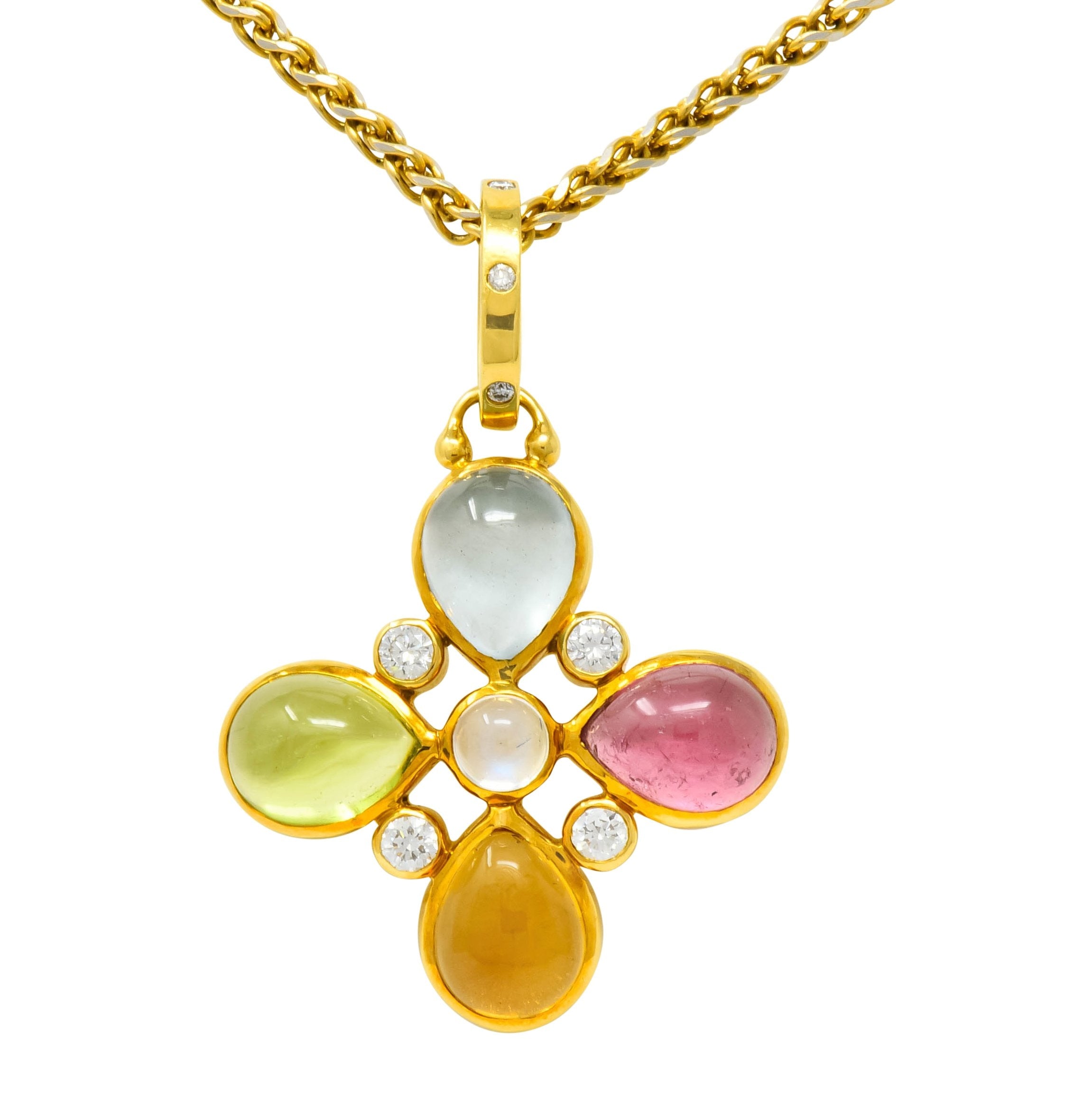 Temple St. Clair Contemporary Multi-Gem Diamond 18 Karat Gold Floral Pendant Necklace - Wilson's Estate Jewelry