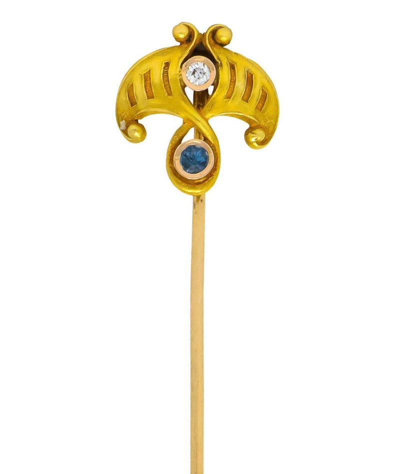 Theberath & Co. Art Nouveau Diamond Sapphire 14 Karat Gold Ginkgo Foliate Stickpin - Wilson's Estate Jewelry