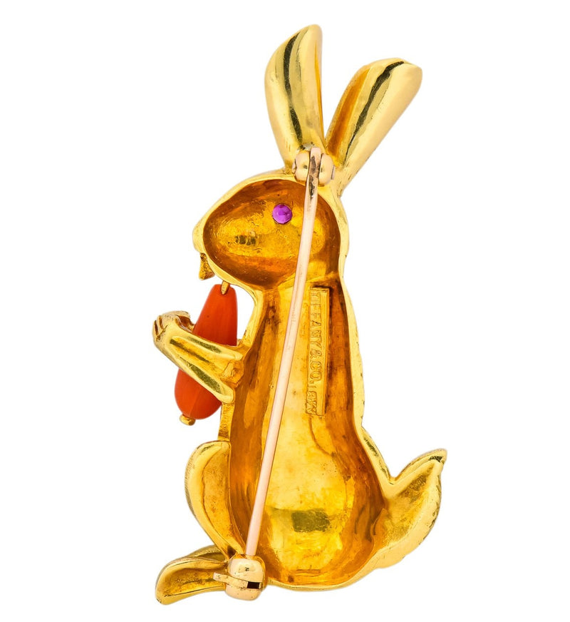 Tiffany & Co. 1970's Vintage Coral Ruby 18 Karat Gold Rabbit Brooch ...
