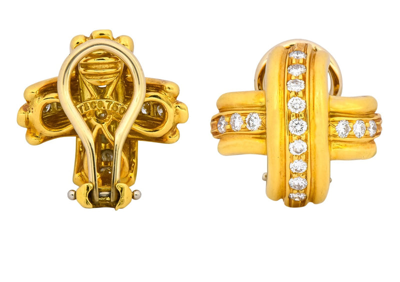 Tiffany & Co. 1992 Vintage Diamond 18 Karat Gold Signature X Ear-Clip Earrings - Wilson's Estate Jewelry
