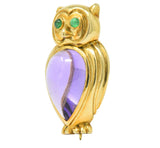 Tiffany & Co. Amethyst Emerald 18 Karat Gold Owl Brooch Wilson's Estate Jewelry