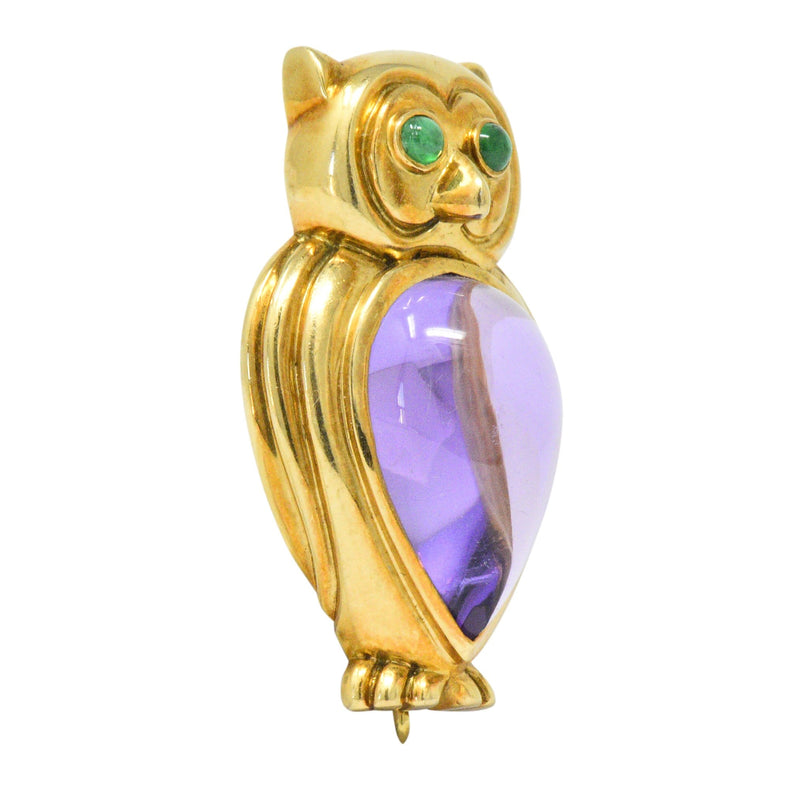 Tiffany & Co. Amethyst Emerald 18 Karat Gold Owl Brooch Wilson's Estate Jewelry