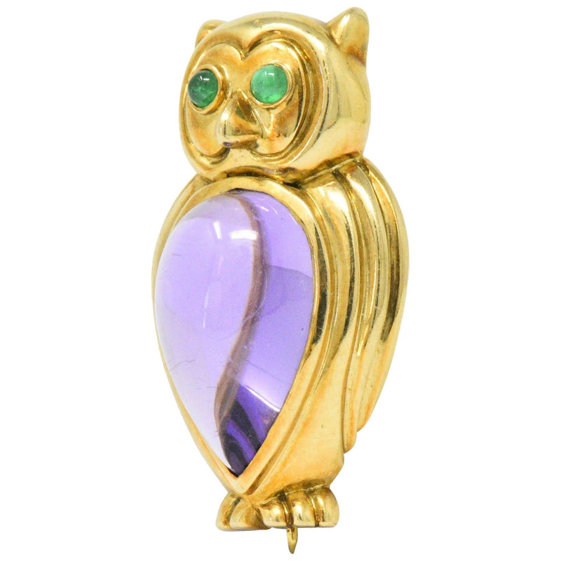 Tiffany & Co. Amethyst Emerald 18 Karat Gold Owl Brooch Wilson's Estate Jewelry