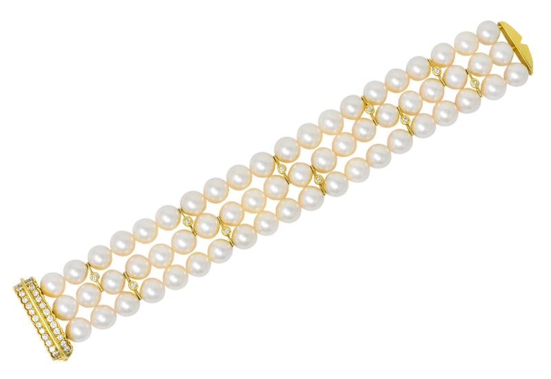 Tiffany & Co. Diamond Natural Cultured Pearl 18 Karat Yellow Gold Triple Strand Bracelet - Wilson's Estate Jewelry